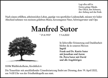 Traueranzeige von Manfred Sutor von vrm-trauer Allg. Zeitung Bad Kreuznach