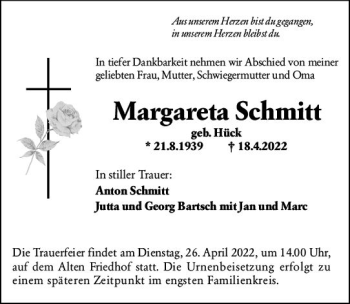 Traueranzeige von Margareta Schmitt von vrm-trauer Hochheimer Zeitung