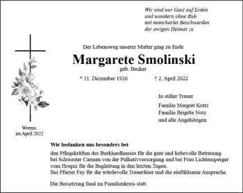 Traueranzeige von Margarete Smolinski von vrm-trauer Wormser Zeitung