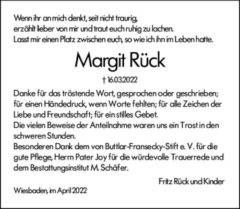 Traueranzeige von Margit Rück von vrm-trauer Wiesbadener Kurier