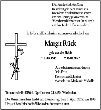 Traueranzeige von Margit Rück von vrm-trauer Wiesbadener Kurier