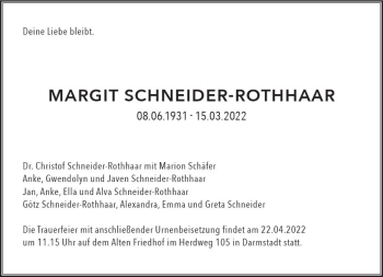 Traueranzeige von Margit Schneider-Rothhaar von vrm-trauer Darmstädter Echo