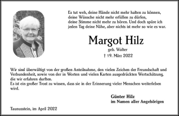 Traueranzeige von Margot Hilz von vrm-trauer Wiesbadener Kurier