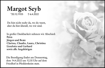 Traueranzeige von Margot Seyb von vrm-trauer Wormser Zeitung