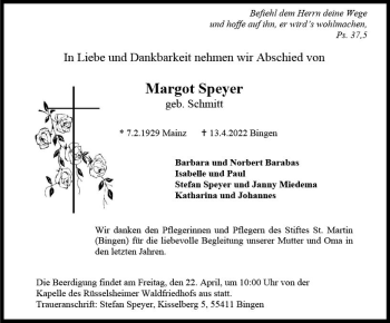 Traueranzeige von Margot Speyer von vrm-trauer Rüsselsheimer Echo / MainSpitze