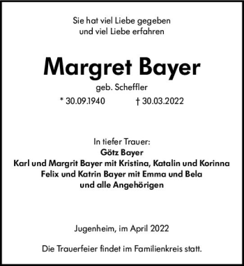 Traueranzeige von Margret Bayer von vrm-trauer Darmstädter Echo