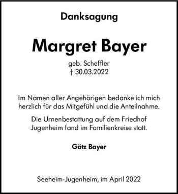 Traueranzeige von Margret Bayer von vrm-trauer Darmstädter Echo