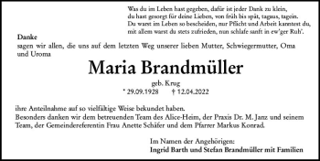Traueranzeige von Maria Brandmüller von vrm-trauer AZ Mainz