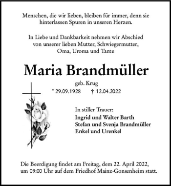 Traueranzeige von Maria Brandmüller von vrm-trauer AZ Mainz
