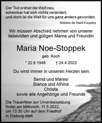 Traueranzeige von Maria Noe-Stoppek von vrm-trauer DieburgerAnzeiger/Groß-Zimmerner Lokala