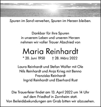 Traueranzeige von Maria Reinhardt von vrm-trauer AZ Mainz