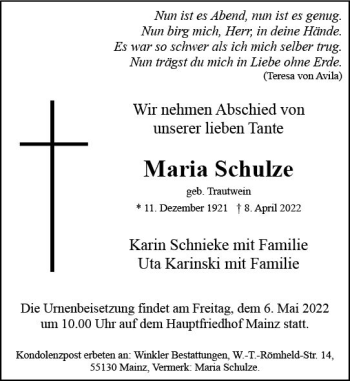Traueranzeige von Maria Schulze von vrm-trauer AZ Mainz