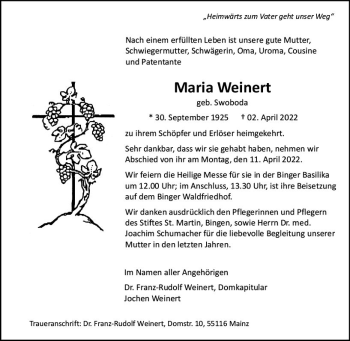 Traueranzeige von Maria Weinert von vrm-trauer Allgemeine  Zeitung Ingelheim-Bingen