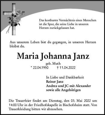 Traueranzeige von Maria Johanna Janz von vrm-trauer AZ Mainz