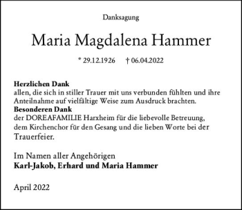 Traueranzeige von Maria Magdalena Hammer von vrm-trauer AZ Mainz