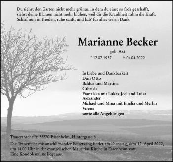 Traueranzeige von Marianne Becker von vrm-trauer AZ Mainz