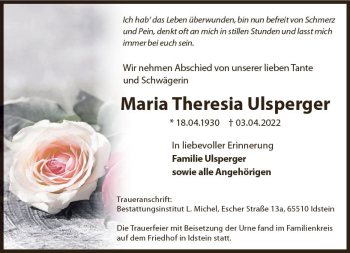 Traueranzeige von Maria Theresia Ulsperger von vrm-trauer Idsteiner Zeitung