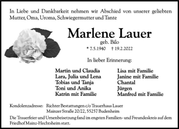 Traueranzeige von Marlene Lauer von vrm-trauer AZ Mainz