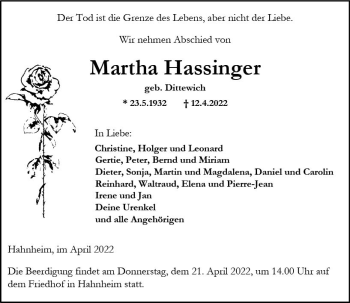 Traueranzeige von Martha Hassinger von vrm-trauer AZ Mainz