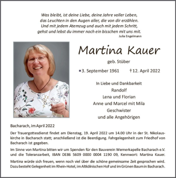 Traueranzeige von Martina Kauer von vrm-trauer Allgemeine  Zeitung Ingelheim-Bingen