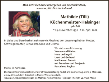 Traueranzeige von Mathilde Küchenmeister-Halsinger von vrm-trauer AZ Mainz