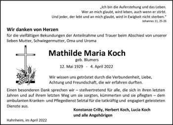 Traueranzeige von Mathilde Maria Koch von vrm-trauer AZ Mainz