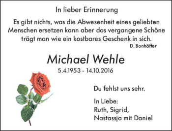 Traueranzeige von Michael Wehle von vrm-trauer Wiesbadener Kurier