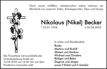 Traueranzeige von Nikolaus Becker von vrm-trauer AZ Mainz