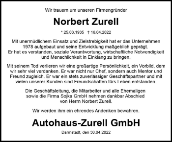 Traueranzeige von Norbert Zurell von vrm-trauer Darmstädter Echo