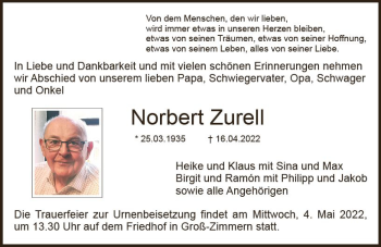 Traueranzeige von Norbert Zurell von vrm-trauer DieburgerAnzeiger/Groß-Zimmerner Lokala