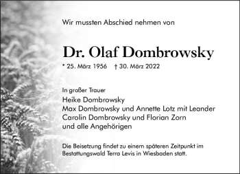 Traueranzeige von Olaf Dombrowsky von vrm-trauer Wiesbadener Kurier