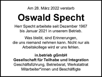 Traueranzeige von Oswald Specht von vrm-trauer AZ Mainz