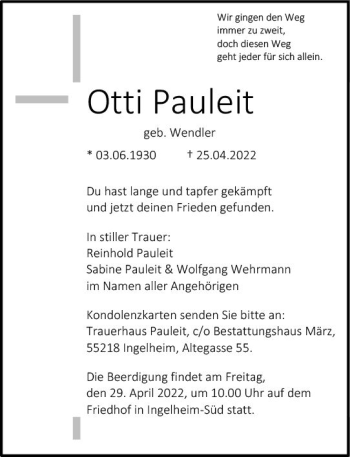 Traueranzeige von Otti Pauleit von vrm-trauer Allgemeine  Zeitung Ingelheim-Bingen