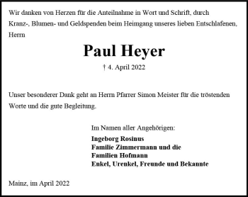 Traueranzeige von Paul Heyer von vrm-trauer AZ Mainz