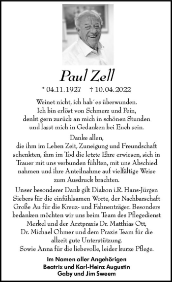 Traueranzeige von Paul Zell von vrm-trauer Rheingau
