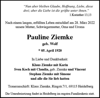 Traueranzeige von Pauline Ziemke von vrm-trauer Rheingau