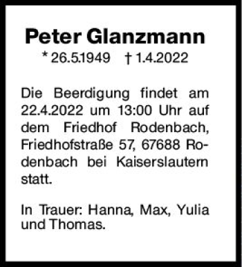 Traueranzeige von Peter Glanzmann von vrm-trauer AZ Mainz