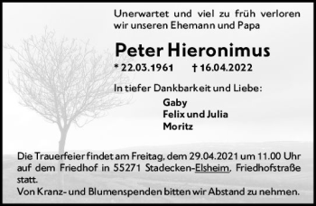 Traueranzeige von Peter Hieronimus von vrm-trauer Wiesbadener Kurier