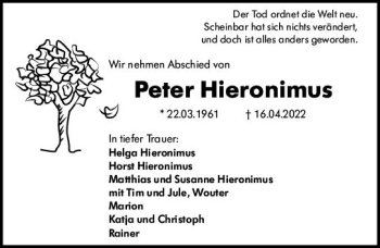 Traueranzeige von Peter Hieronimus von vrm-trauer Wiesbadener Kurier