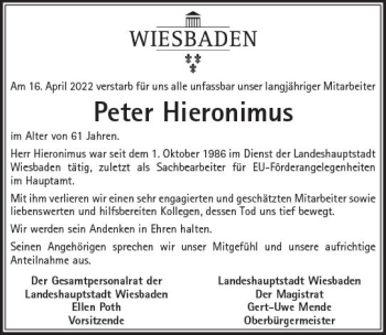 Traueranzeige von Peter Hieronimus von vrm-trauer Wiesbadener Kurier