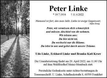 Traueranzeige von Peter Linke von vrm-trauer AZ Mainz