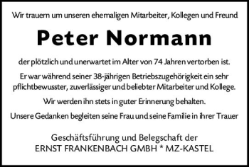 Traueranzeige von Peter Normann von vrm-trauer Allgemeine Zeitung Alzey