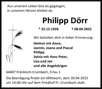 Traueranzeige von Philipp Dörr von vrm-trauer Odenwälder Echo
