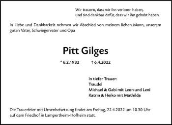 Traueranzeige von Pitt Gilges von vrm-trauer Wormser Zeitung