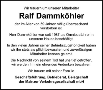 Traueranzeige von Ralf Dammköhler von vrm-trauer AZ Mainz