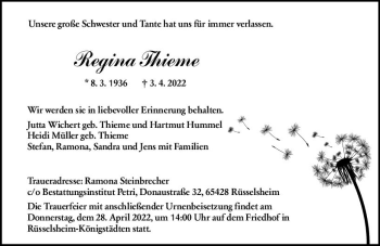 Traueranzeige von Regina Thieme von vrm-trauer Rüsselsheimer Echo / MainSpitze