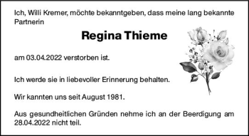 Traueranzeige von Regina Thieme von vrm-trauer Rüsselsheimer Echo / MainSpitze