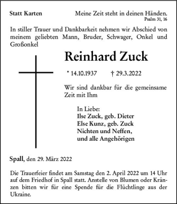 Traueranzeige von Reinhard Zuck von vrm-trauer Allg. Zeitung Bad Kreuznach