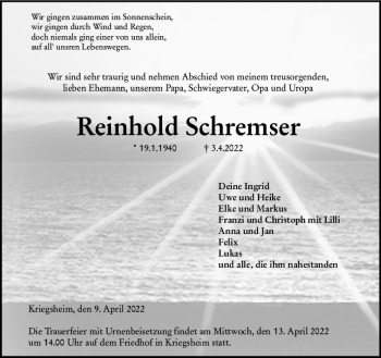 Traueranzeige von Reinhold Schremser von vrm-trauer Wormser Zeitung