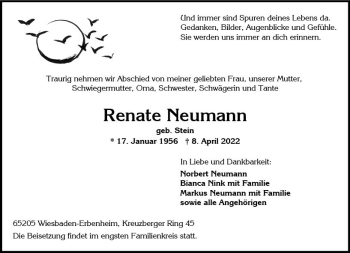 Traueranzeige von Renate Neumann von vrm-trauer Wiesbadener Kurier